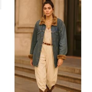 Vintage Liz Claiborne Boho Mob Wives Oversized Denim Jean Jacket Faux Fur Trim